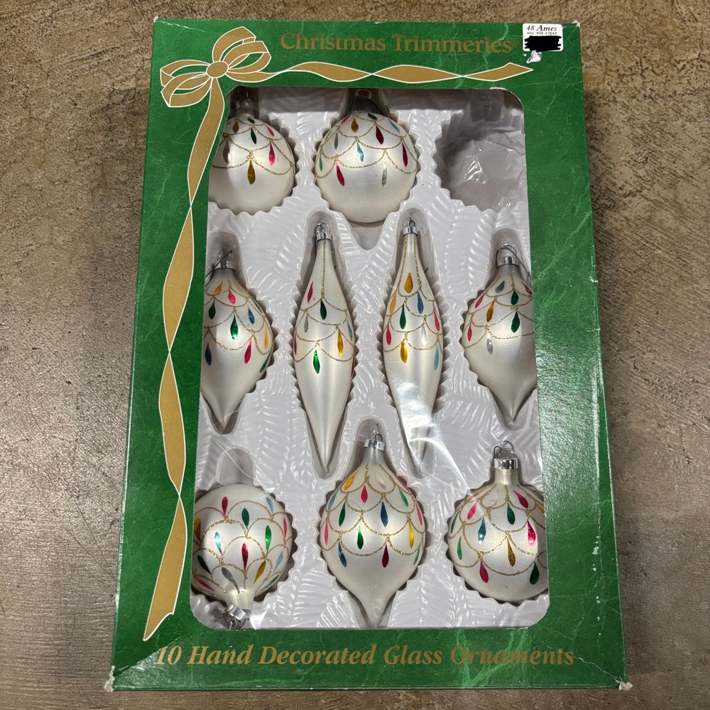 Christmas Trimmeries Hand Decorated Glass Ornaments Set of 9 White Multicolor